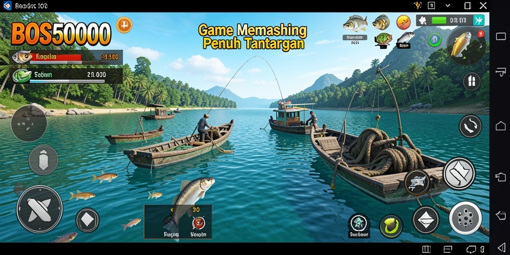 Tampilan seru gameplay memancing dalam BOS5000 dengan berbagai ikan dan lokasi.