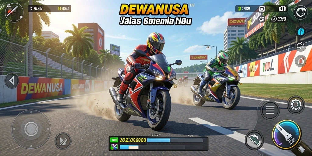 Screenshot DEWANUSA menampilkan aksi balap motor yang mendebarkan.