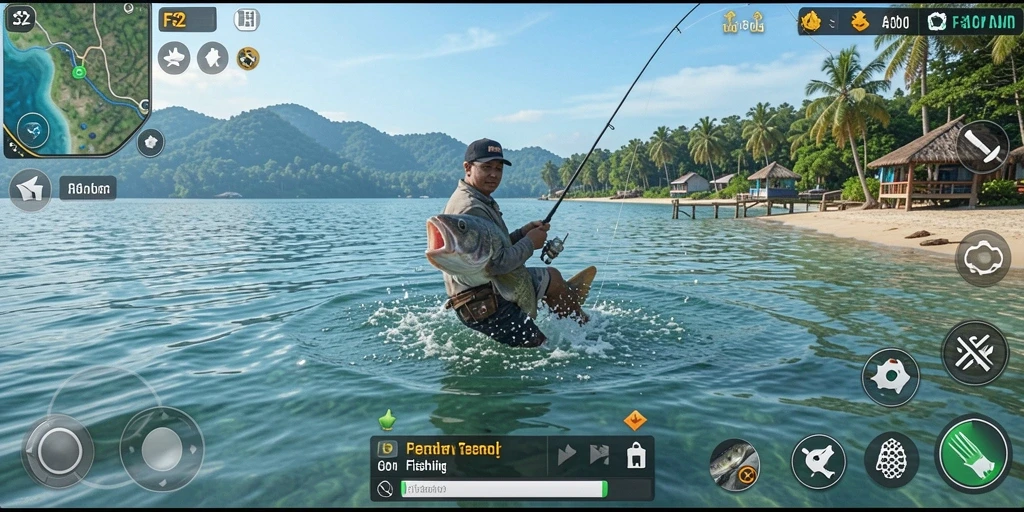 Tampilan gameplay yang menarik di F32 menunjukkan aksi memancing yang seru.