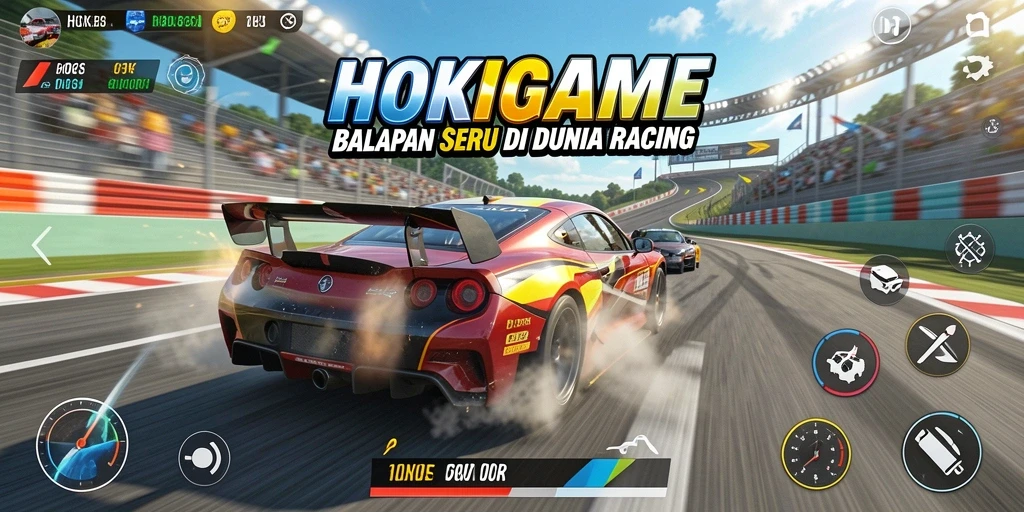Tampilan gameplay HOKIGAME yang mendebarkan di trek balap.
