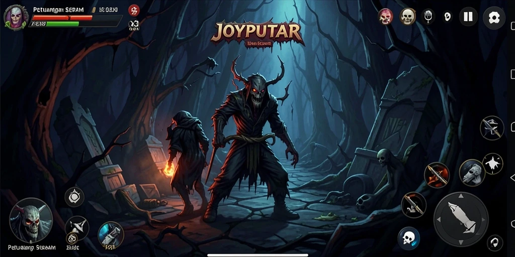 Screenshot utama <strong>JOYPUTAR</strong> menampilkan karakter utama di lingkungan menyeramkan.