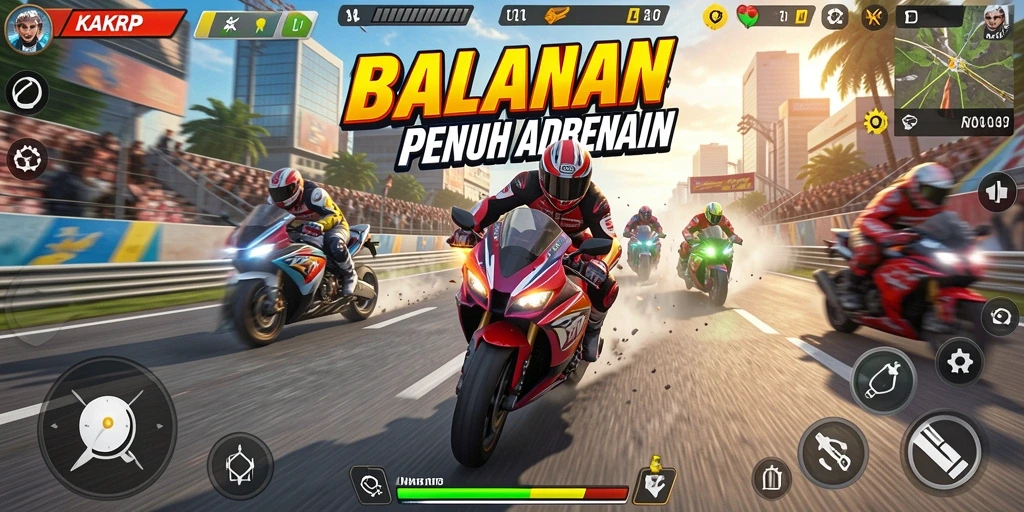 Tampilan gameplay KAKRP dengan aksi balapan motor yang menegangkan.