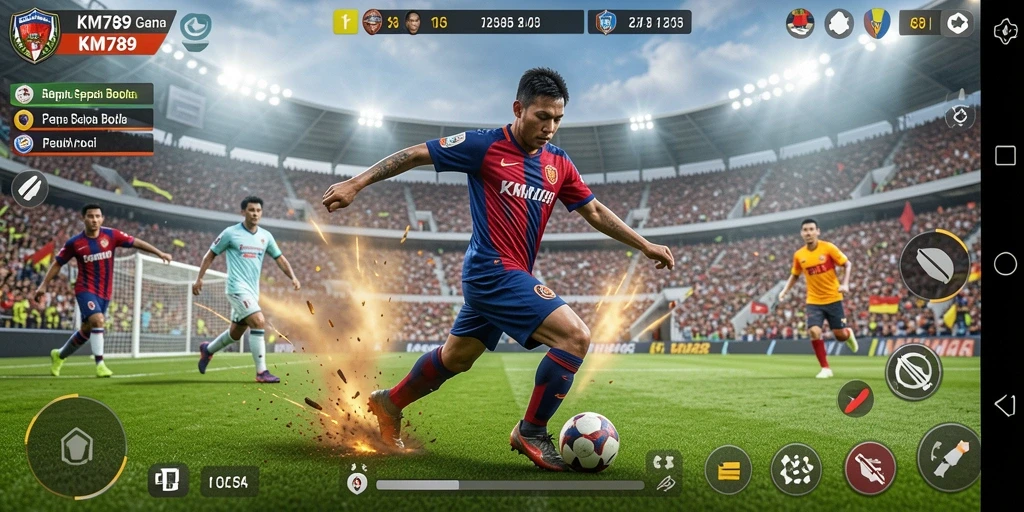 Tampilan gameplay KM789 dengan grafik yang menawan dan aksi sepak bola intens.