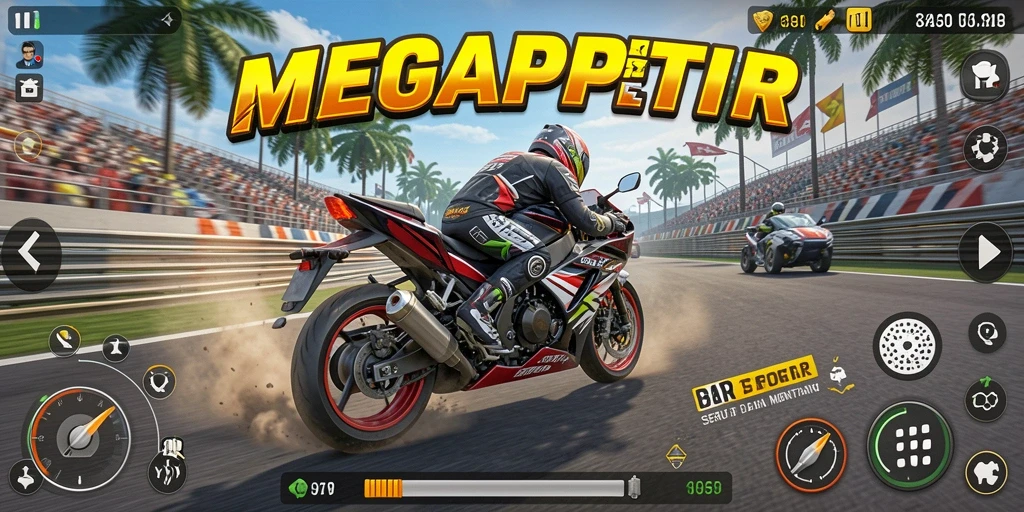 Tampilkan gameplay seru MEGAPETIR dengan balapan motor cepat.