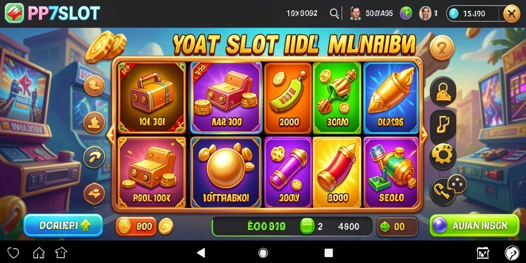 Screenshot utama PP7SLOT menampilkan gameplay seru dengan mesin slot berwarna-warni.