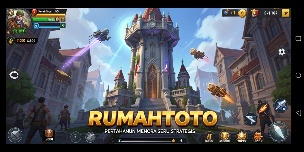 Screenshot gameplay RUMAHTOTO dengan pertahanan menara yang epik.